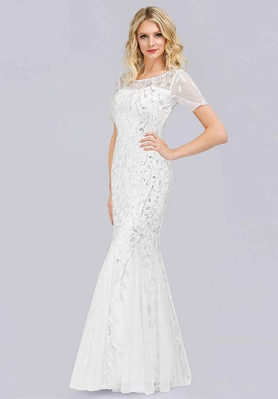 Tulle Sequins Floor-length Mermaid Short Sleeve Vintage Modest Dress with Pleats