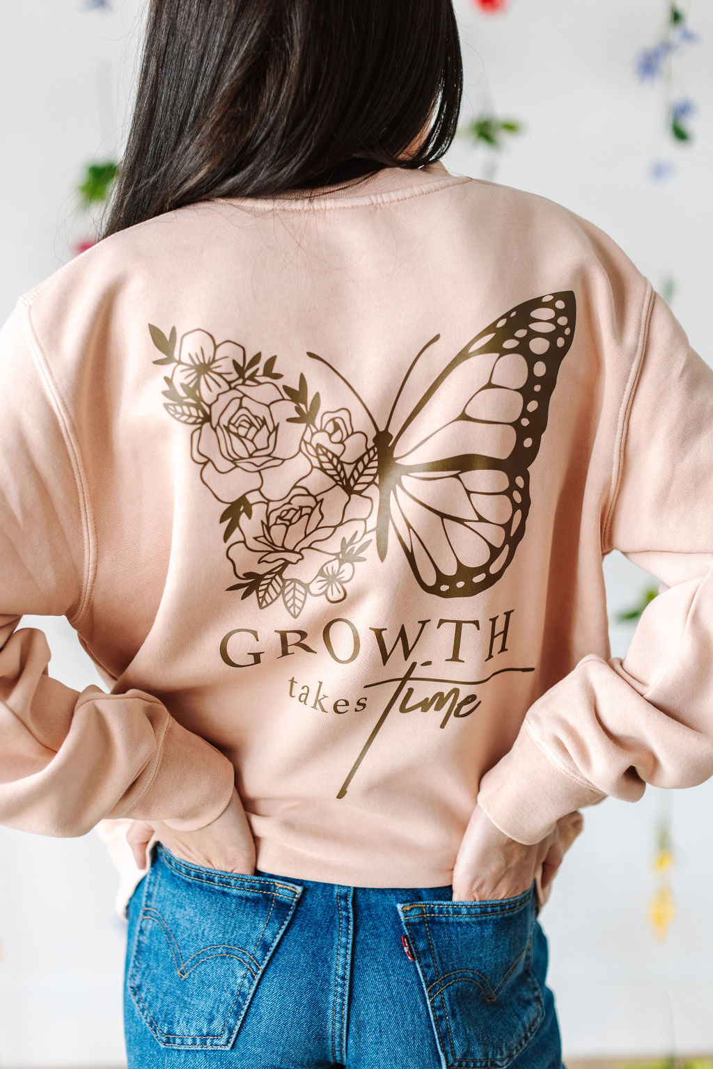 Embroidered/Printed PIGMENT Crewneck (pf&b) - Floral Butterfly / Growth Takes Time