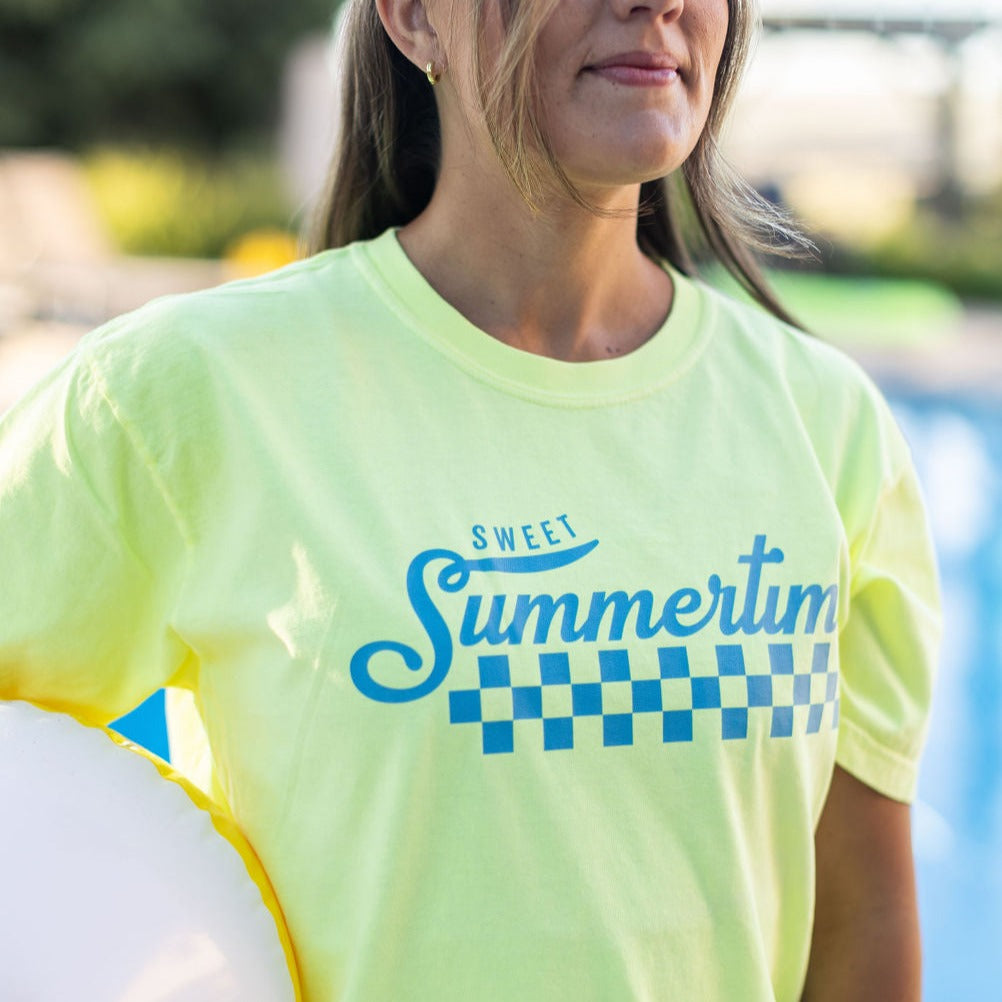 Sweet Summertime (on front) / Let the Good Times Roll (on back) - Neon Lemon Comfort Colors Tee