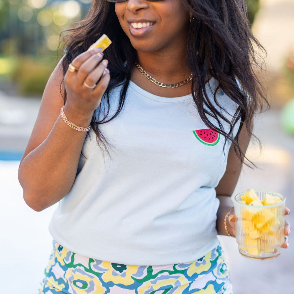 Embroidered Watermelon (on front) / Printed Life is Short Make it Sweet (on back) - Light Blue Comfort Colors TANK