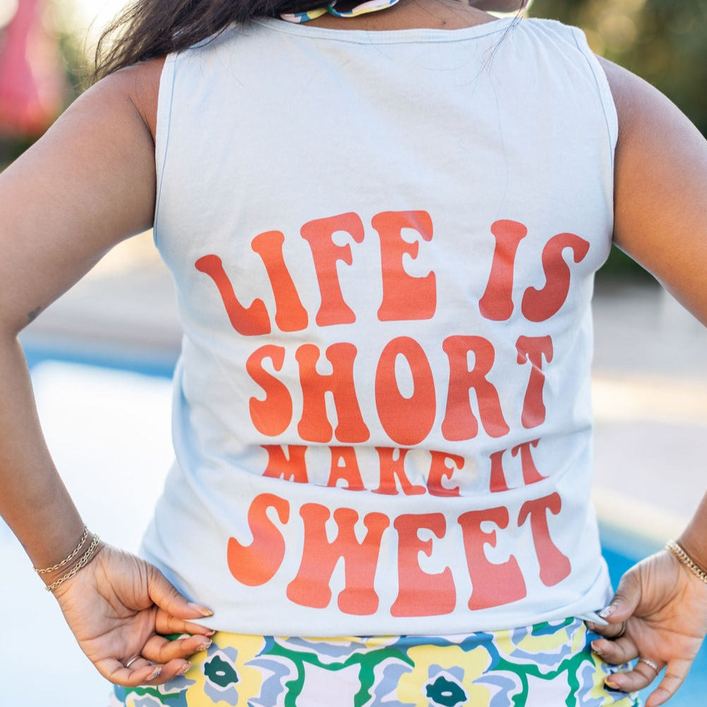 Embroidered Watermelon (on front) / Printed Life is Short Make it Sweet (on back) - Light Blue Comfort Colors TANK
