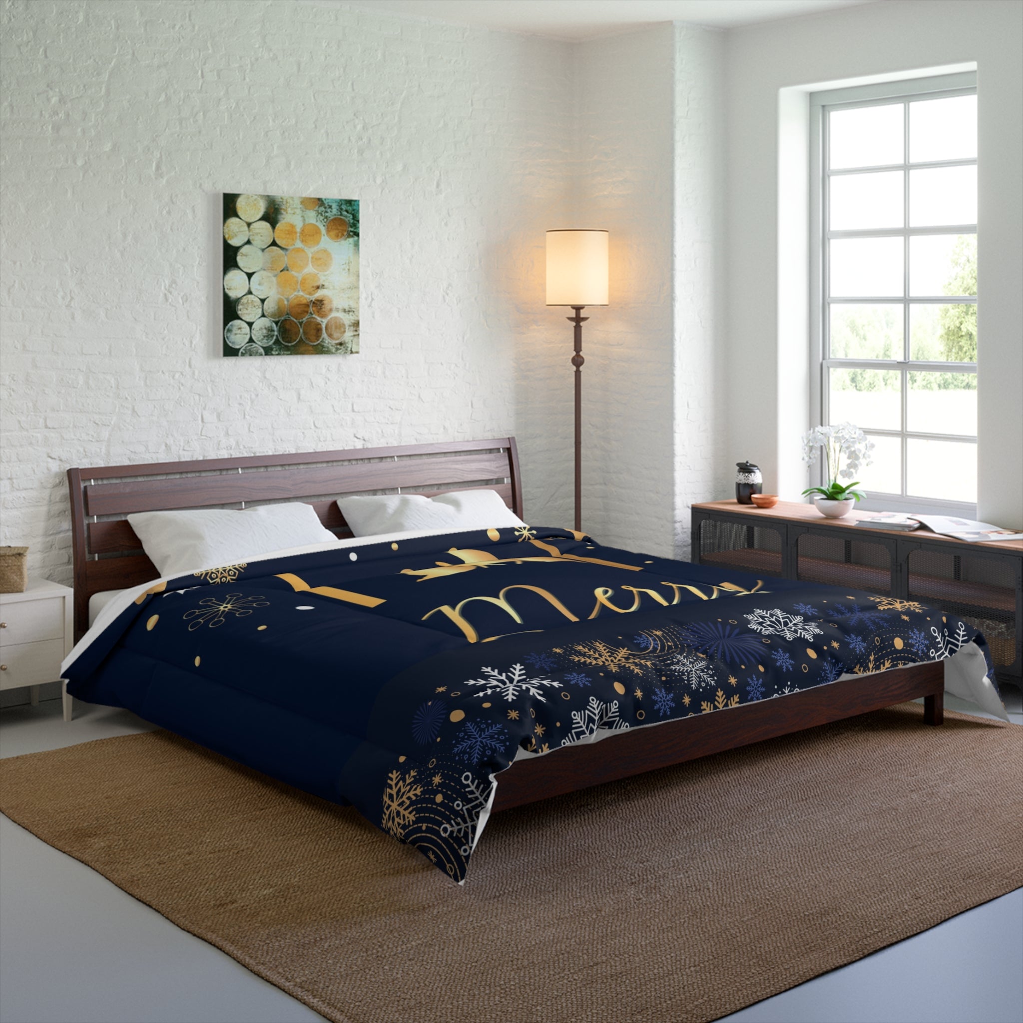 Nativity Christmas Comforter - Navy Blue with Merry Christmas & Happy New Year - JESUS Birth Scene