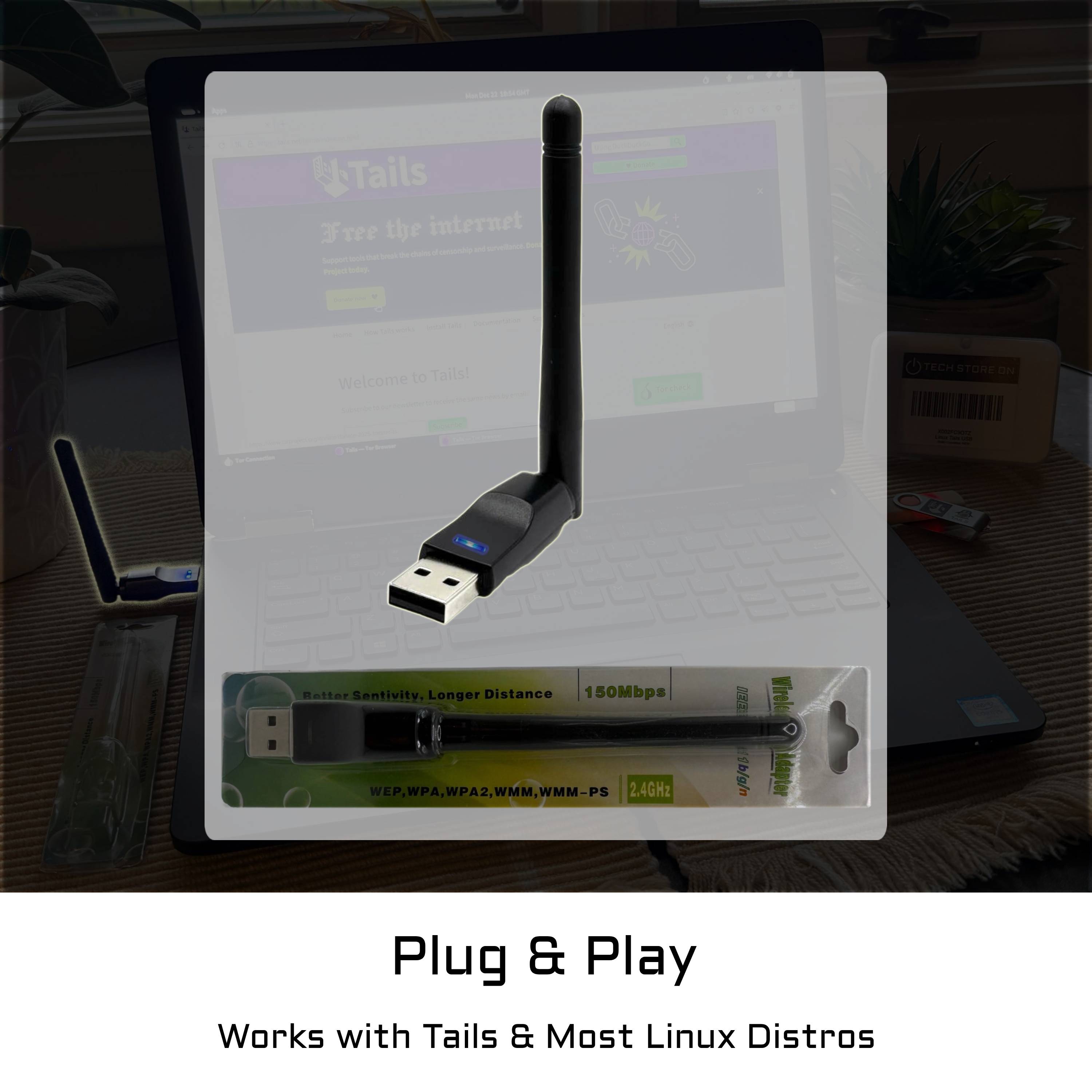 Wi-Fi USB Adapter for Linux (Tails, Ubuntu, Debian, Mint) – Plug & Play 2.4 GHz MT7601U Chipset