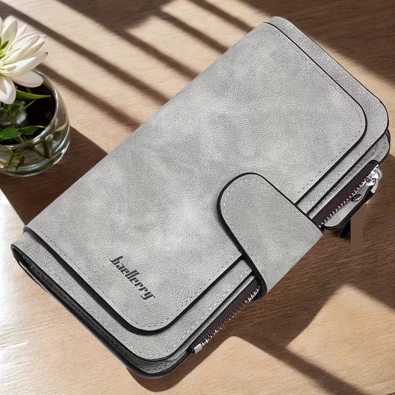 Vintage Faux Leather Long Wallet – Trifold Credit Card Holder with Snap & Zipper