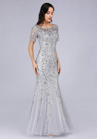 Tulle Sequins Floor-length Mermaid Short Sleeve Vintage Modest Dress with Pleats