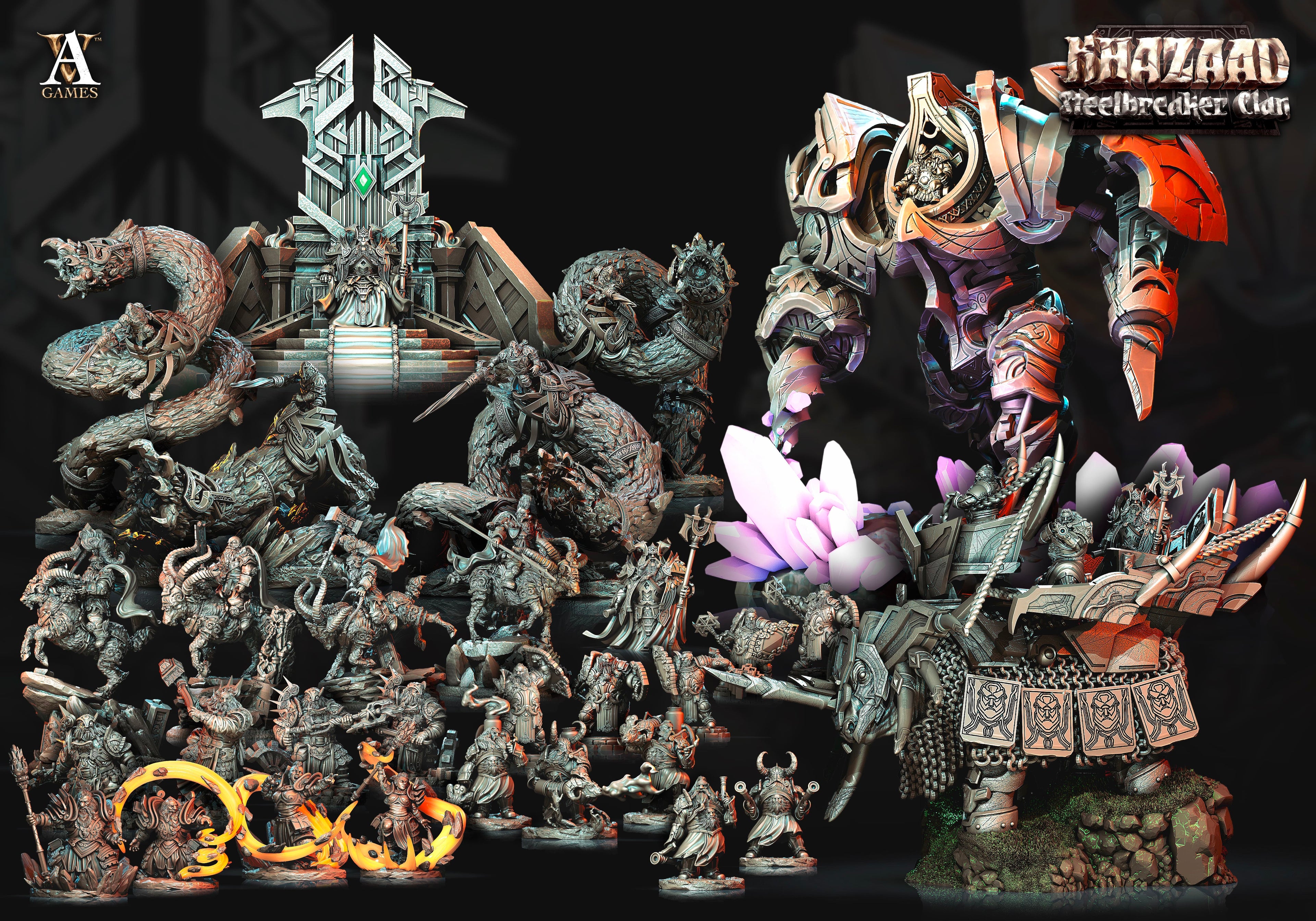 3D Printed Archvillain Games Khazaad Steelbreaker Clan - Steelbreaker Warriors Ram Riders 28mm 32mm D&D