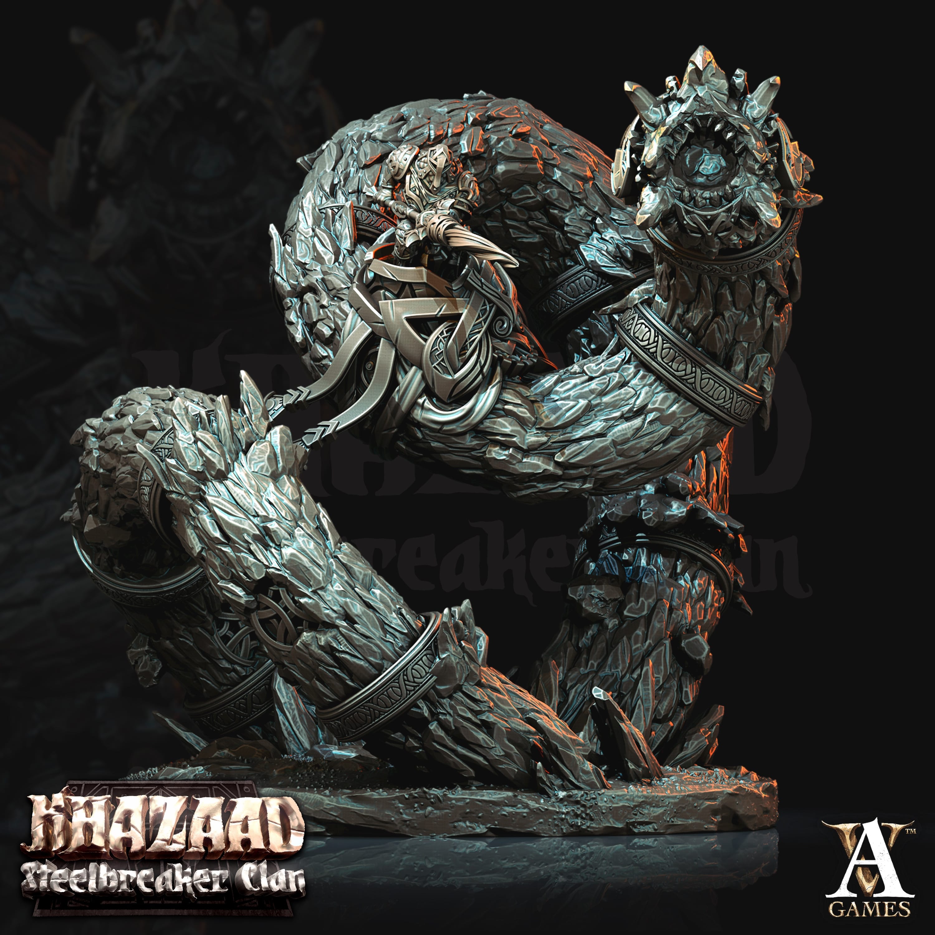 3D Printed Archvillain Games Khazaad Steelbreaker Clan - Stone Worm with Rider 28mm 32mm D&D