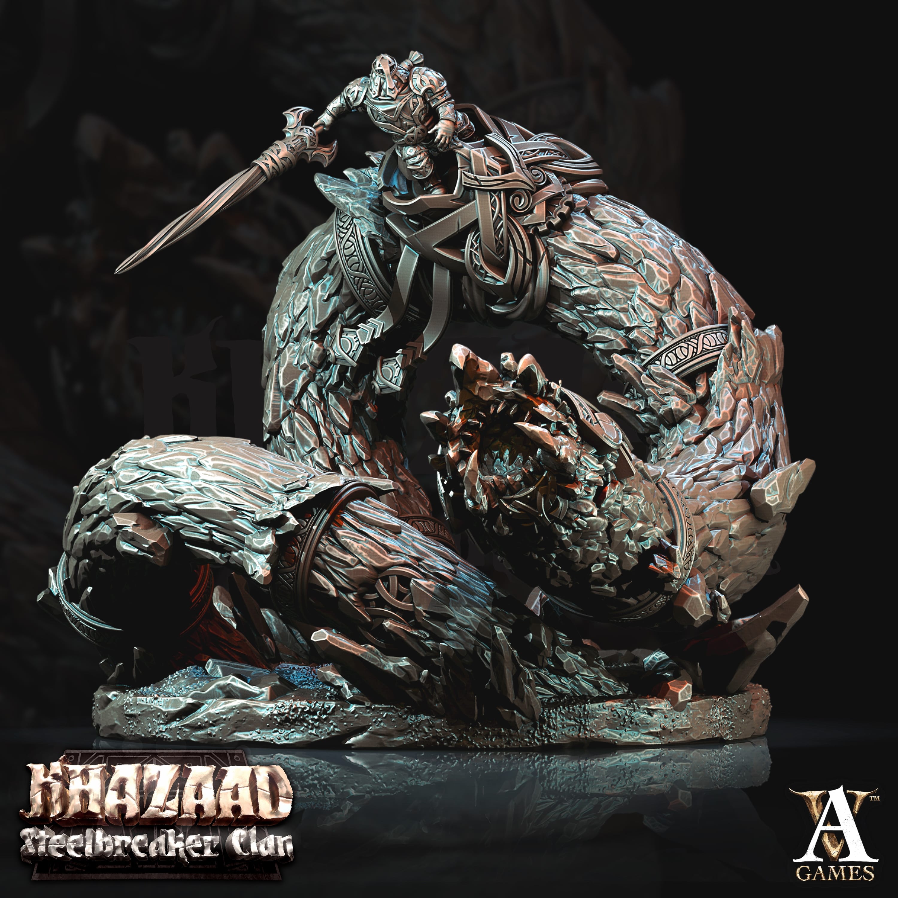 3D Printed Archvillain Games Khazaad Steelbreaker Clan - Stone Worm with Rider 28mm 32mm D&D