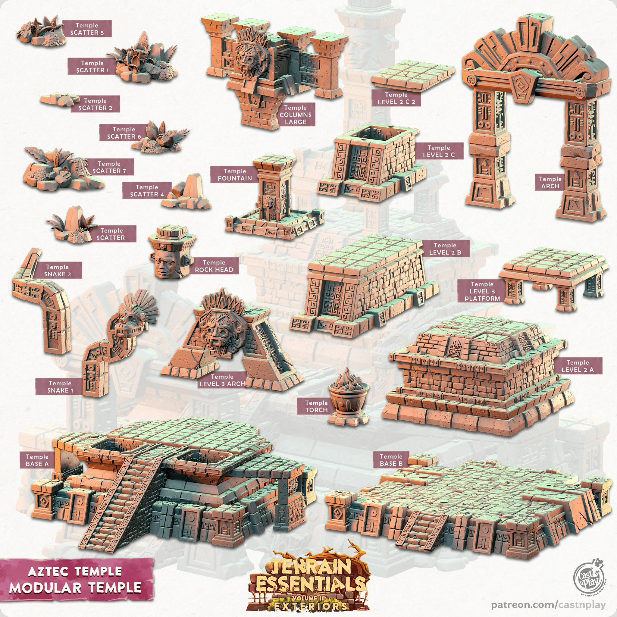 3D Printed Cast n Play Modular Temple Aztec Temple Set 28mm 32mm D&D