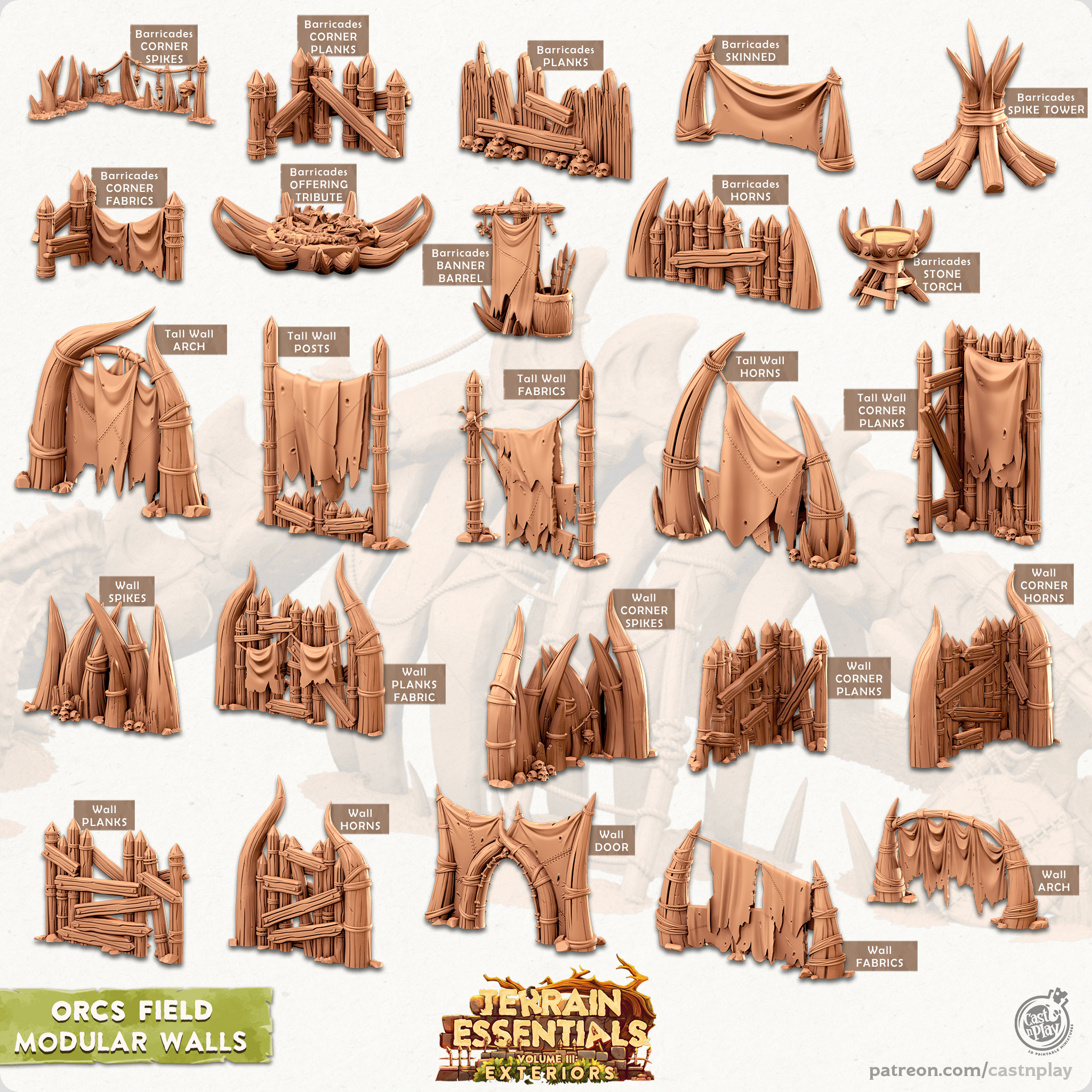 3D Printed Cast n Play Orcs Field Set Modular Walls 28mm 32mm D&D