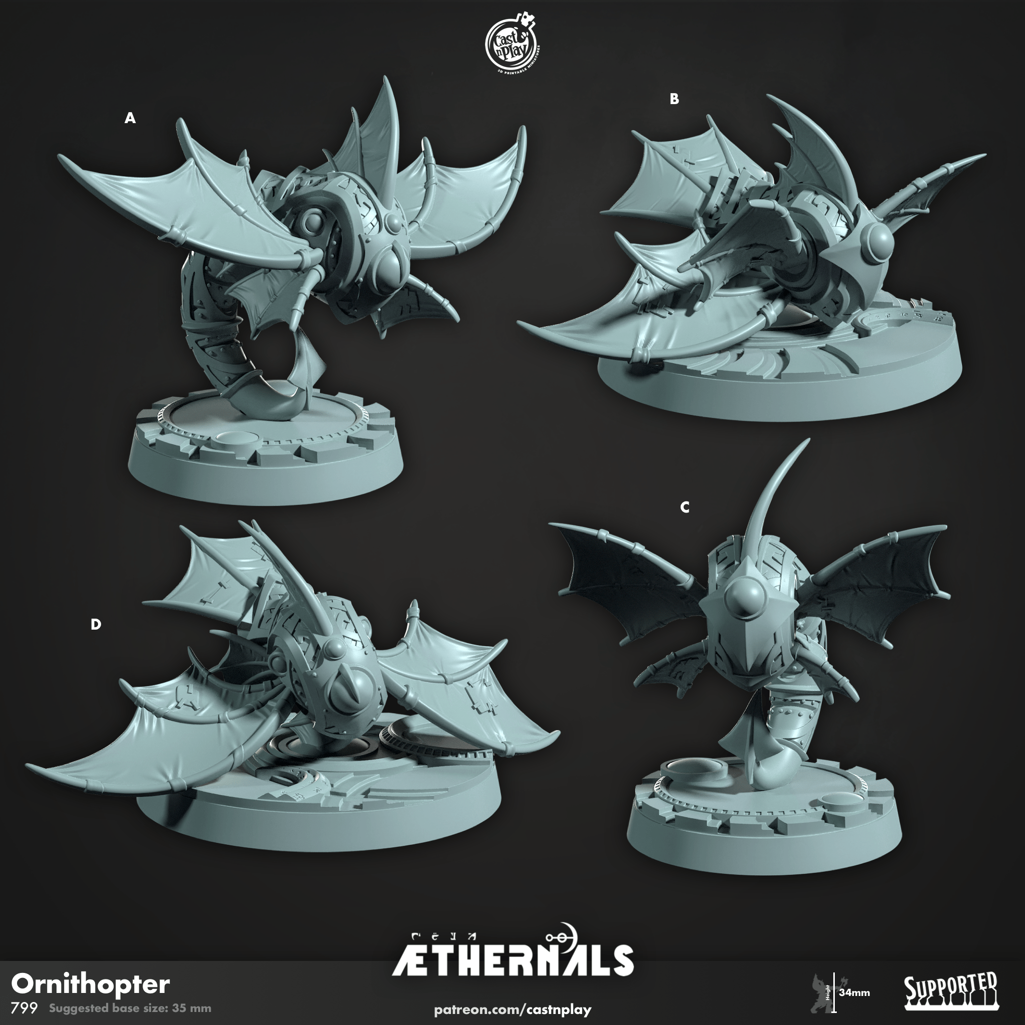 3D Printed Cast n Play Ornithopter Aethernals Collection 28mm 32mm D&D