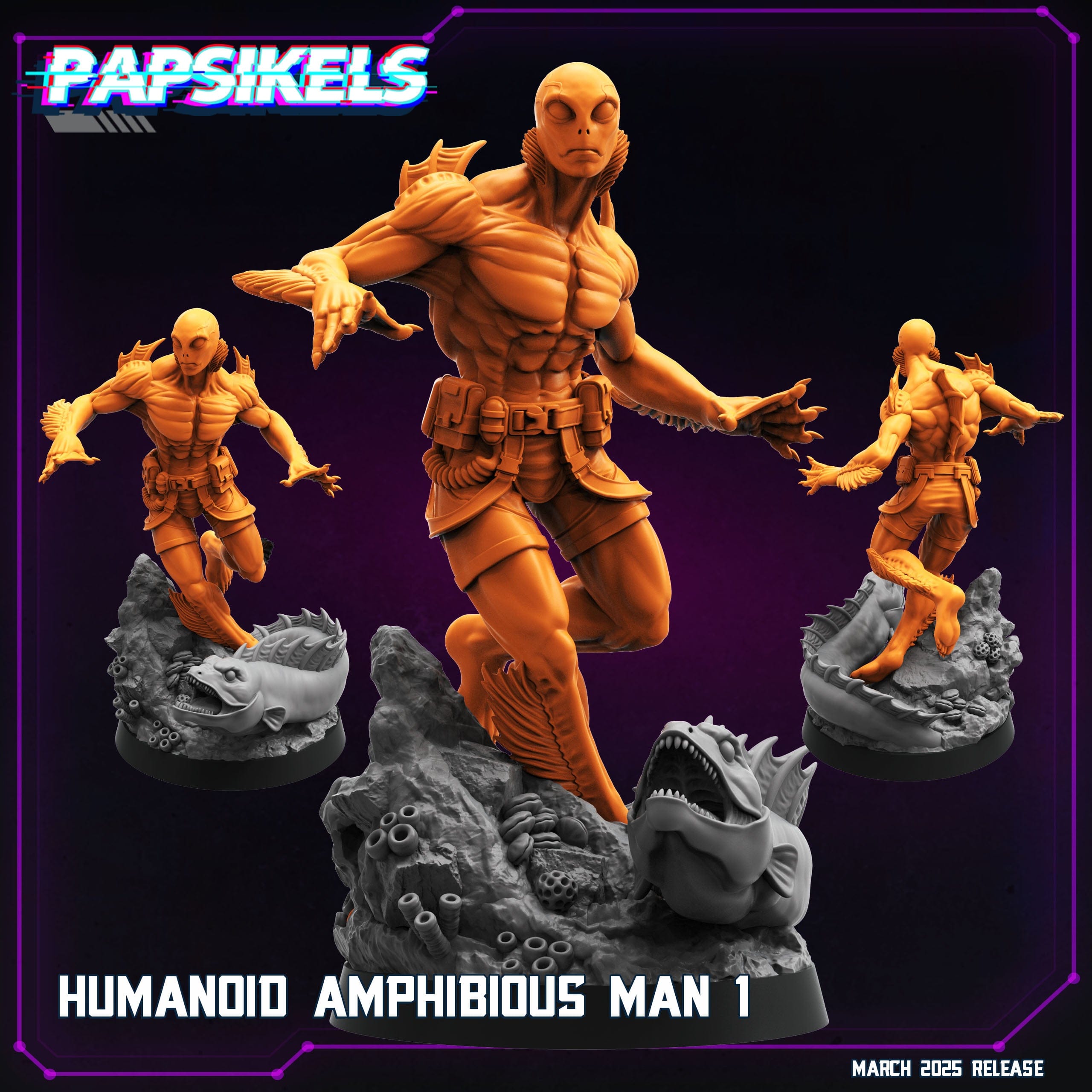 3D Printed Papsikels Humanoid Amphibious Man MARCH 2025 CYBERPUNK 28mm 32mm