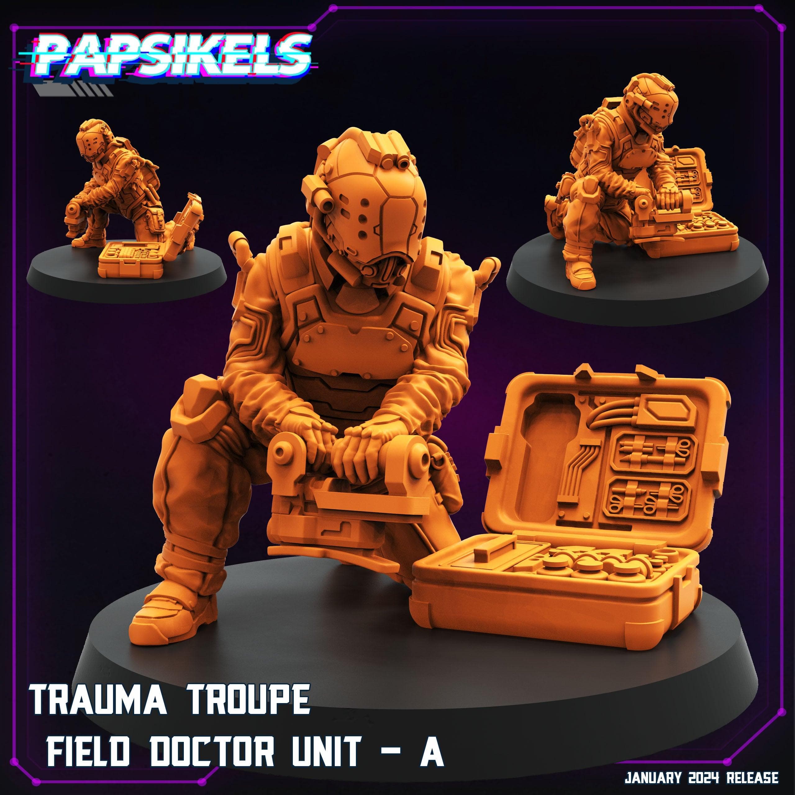 3D Printed Papsikels Trauma Troupe Field Doctor Unit Set January 2024 Cyberpunk 28mm 32mm