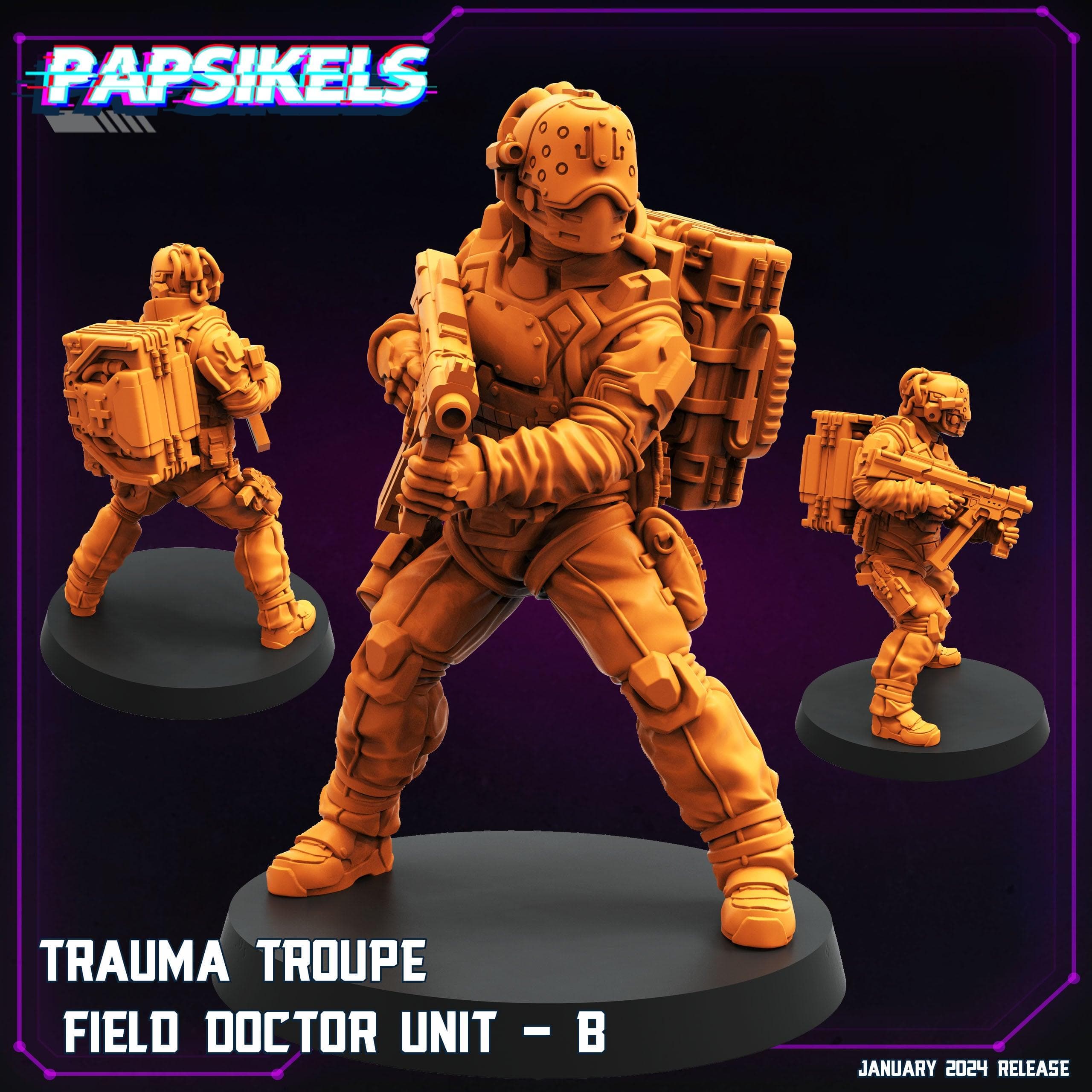 3D Printed Papsikels Trauma Troupe Field Doctor Unit Set January 2024 Cyberpunk 28mm 32mm