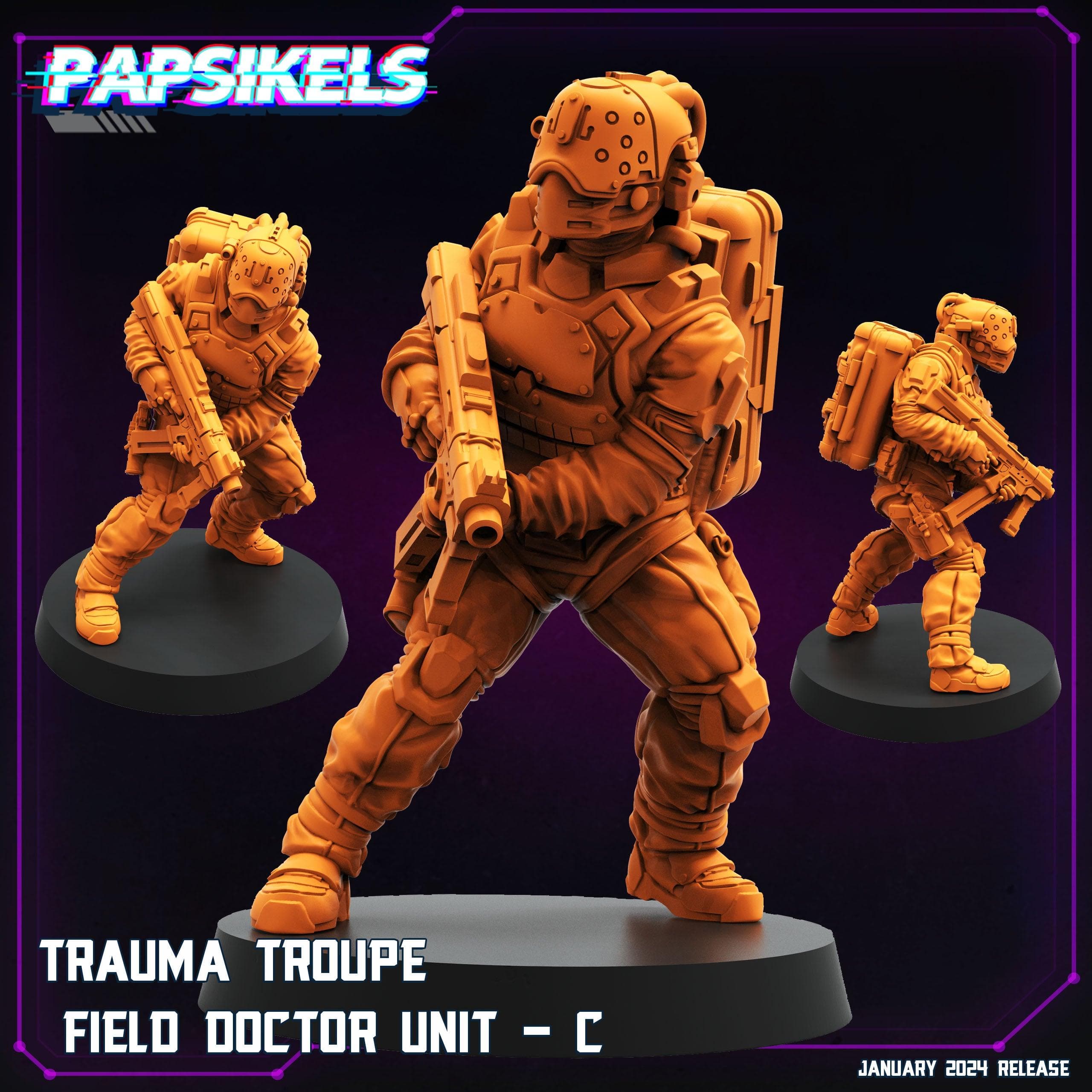 3D Printed Papsikels Trauma Troupe Field Doctor Unit Set January 2024 Cyberpunk 28mm 32mm