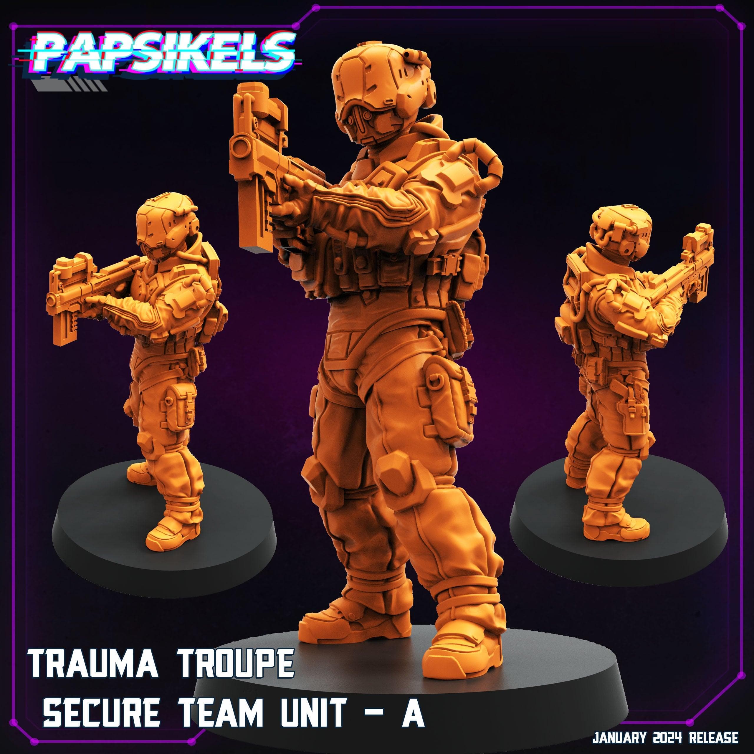 3D Printed Papsikels Trauma Troupe Secure Team Unit Set January 2024 Cyberpunk 28mm 32mm