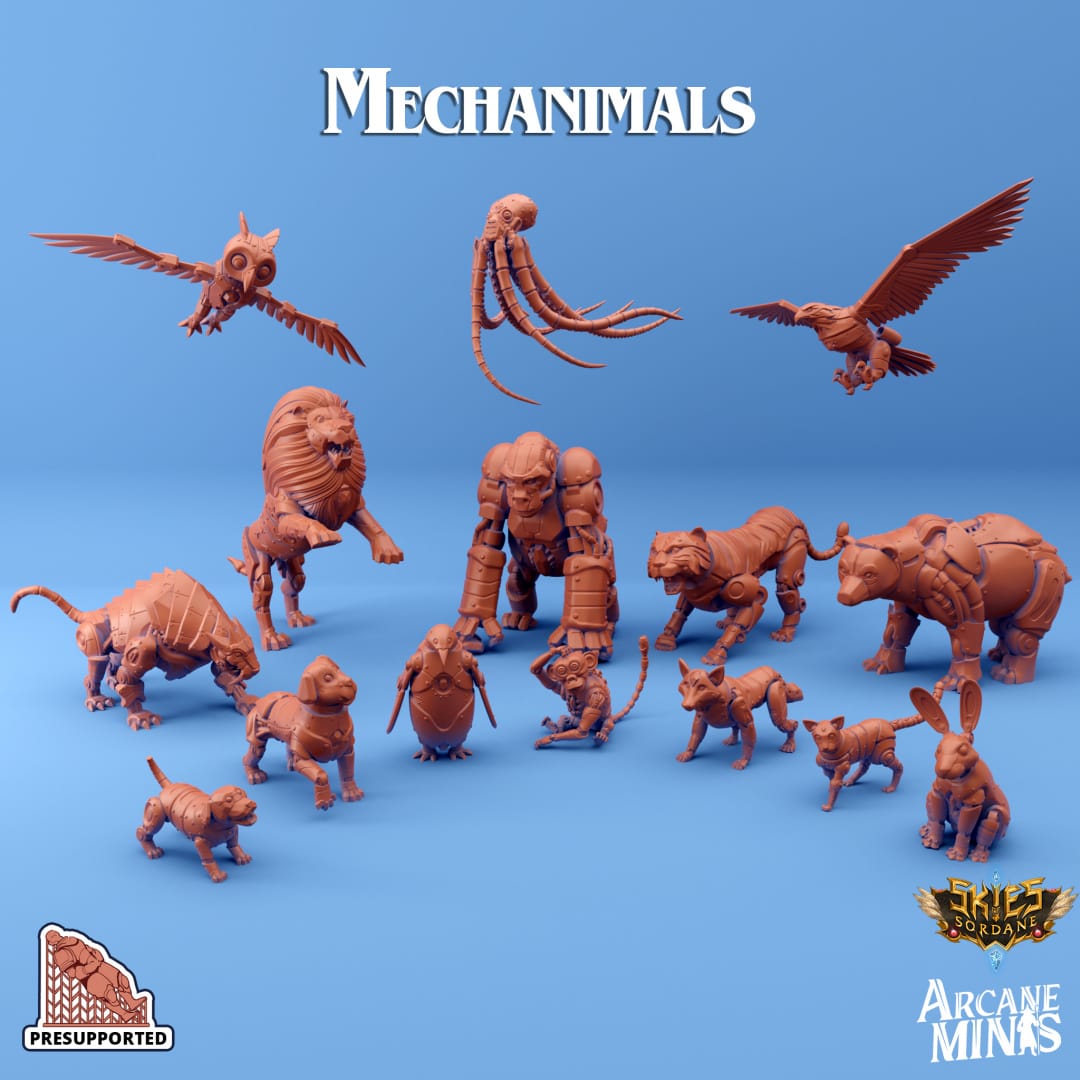 3D Printed Sordane Publishing Arcane Minis Mechanimal Lion Mechanimals Set 28mm 32mm D&D