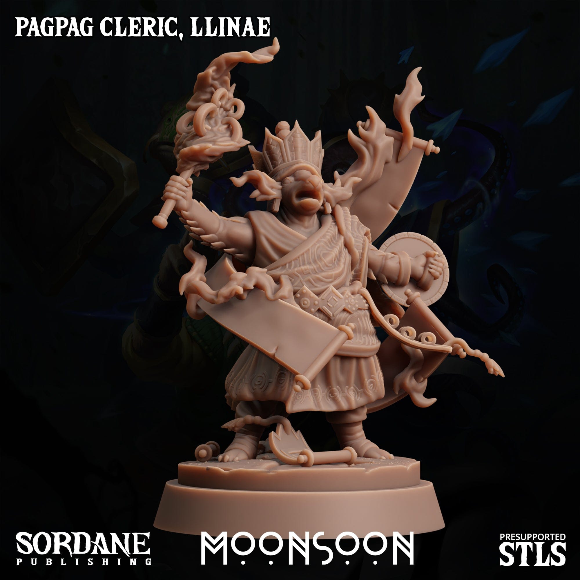 3D Printed Sordane Publishing Pagpag Cleric, Llinae Moonsoon 28 32mm D&D