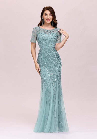 Tulle Sequins Floor-length Mermaid Short Sleeve Vintage Modest Dress with Pleats