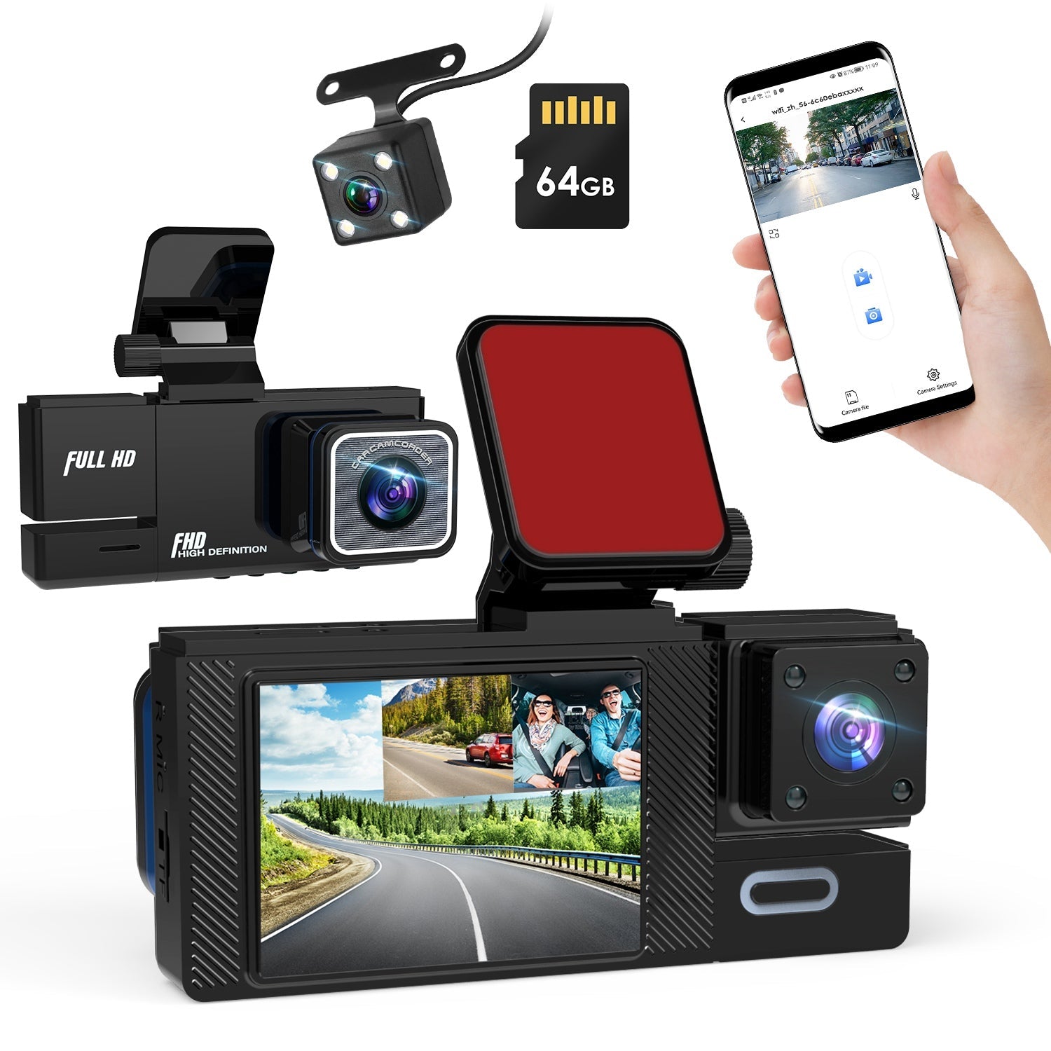 WiFi FHD 1080P Car Dash Cam 3 Channels Front Rear Inside Dash Camera with Loop Recording Reversing Image Night Vision 170° Wide Angle Support 64G MMC