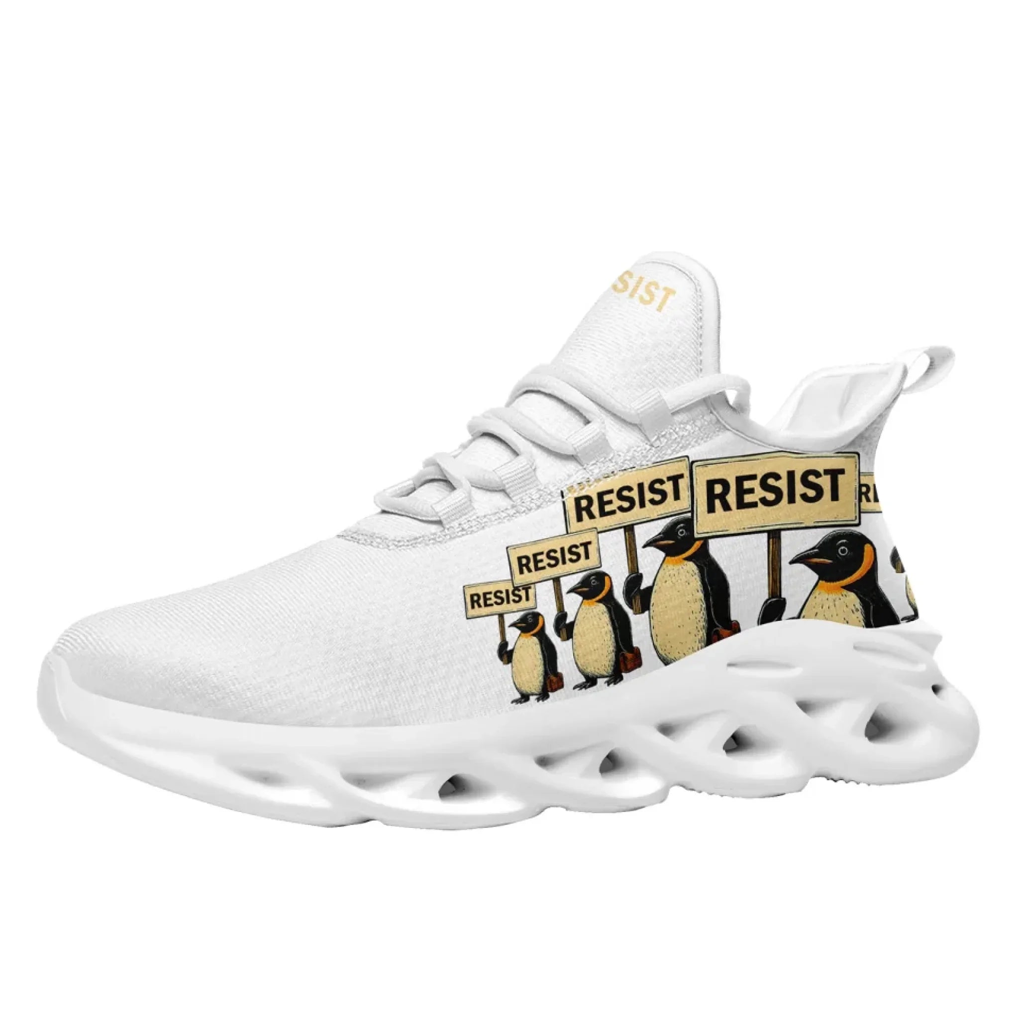 Personalized Gold Penguin Sneakers, Custom Lightweight Shoes, Resist Penguin Shoes