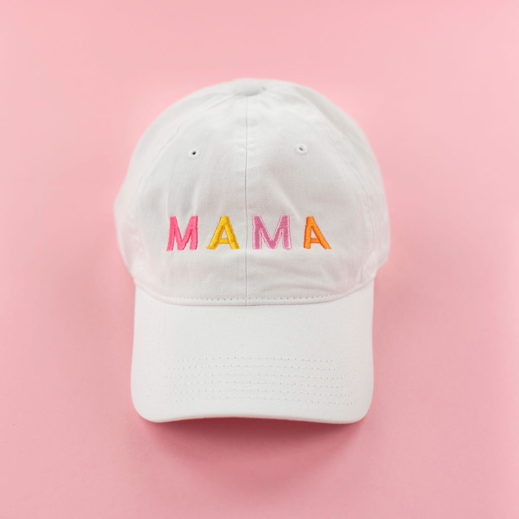 M A M A -  White w/ Multicolor Letters - Adult Baseball Cap
