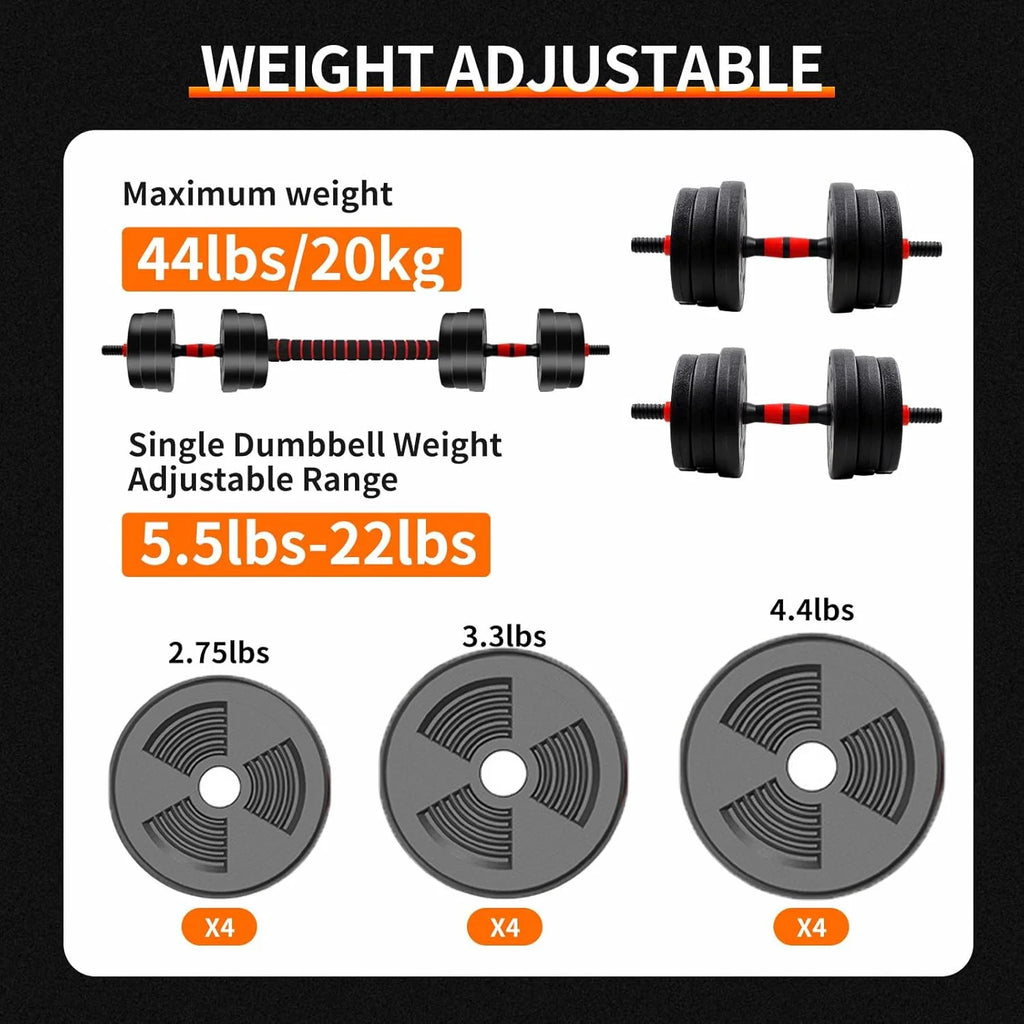 Adjustable Dumbbell to Barbell Set 5–44 lb (2.5–20 kg) Anti-Slip Grip Home Gym