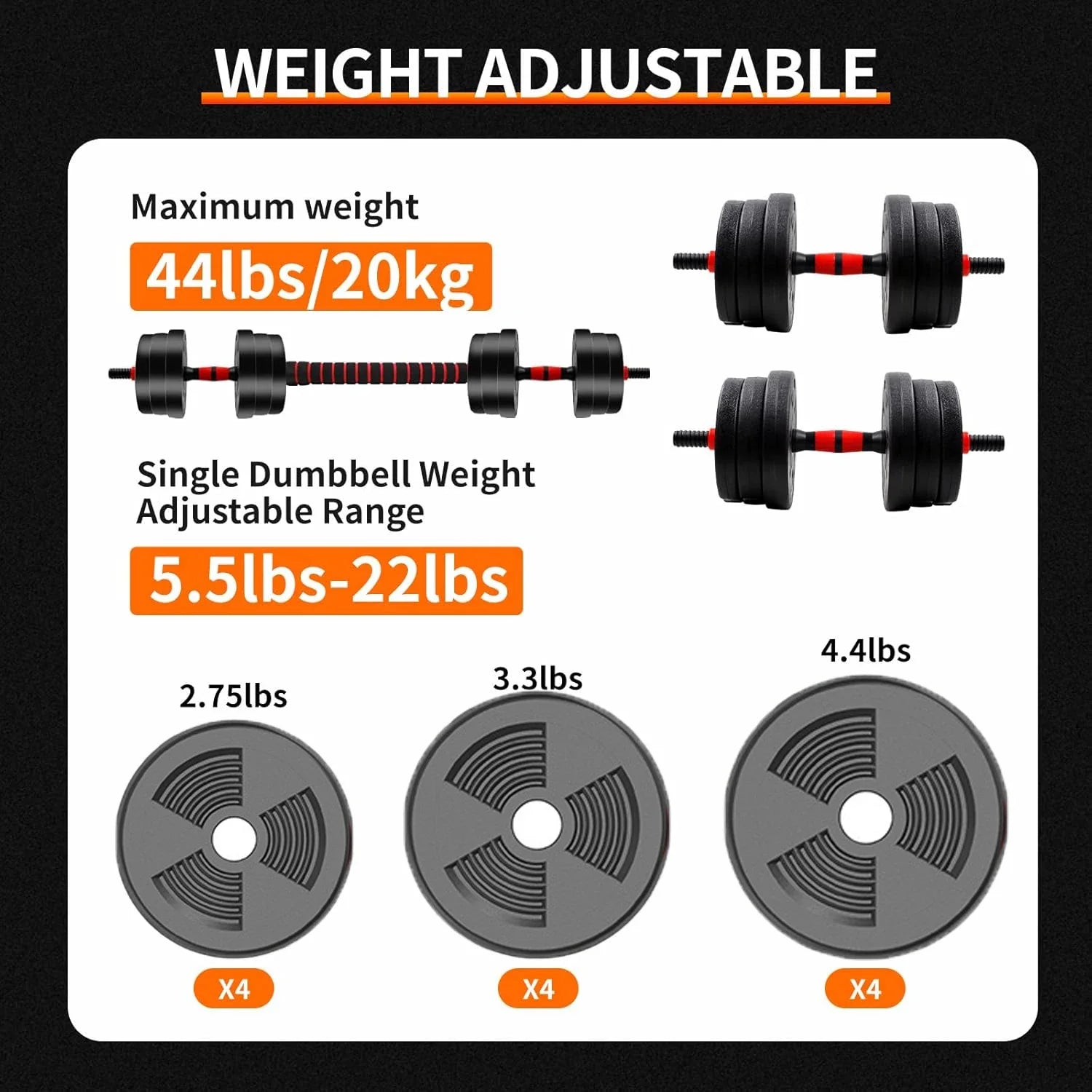 Adjustable Dumbbell to Barbell Set 5–44 lb (2.5–20 kg) Anti-Slip Grip Home Gym