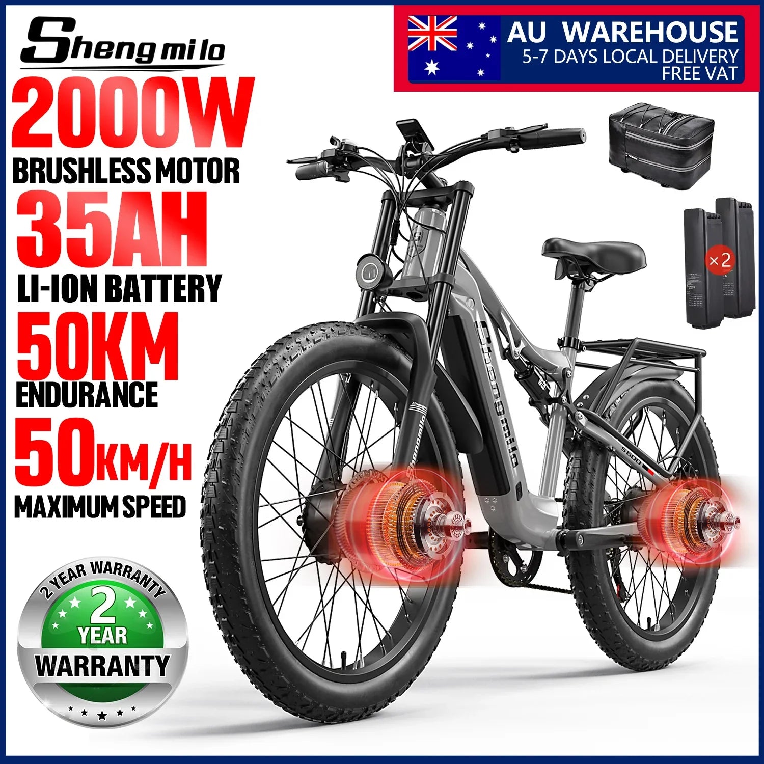 26-Inch 2000W Dual Motor Electric Mountain Bike, 7-Speed Fat Tire E-Bike, 48V 17.5Ah Removable Battery