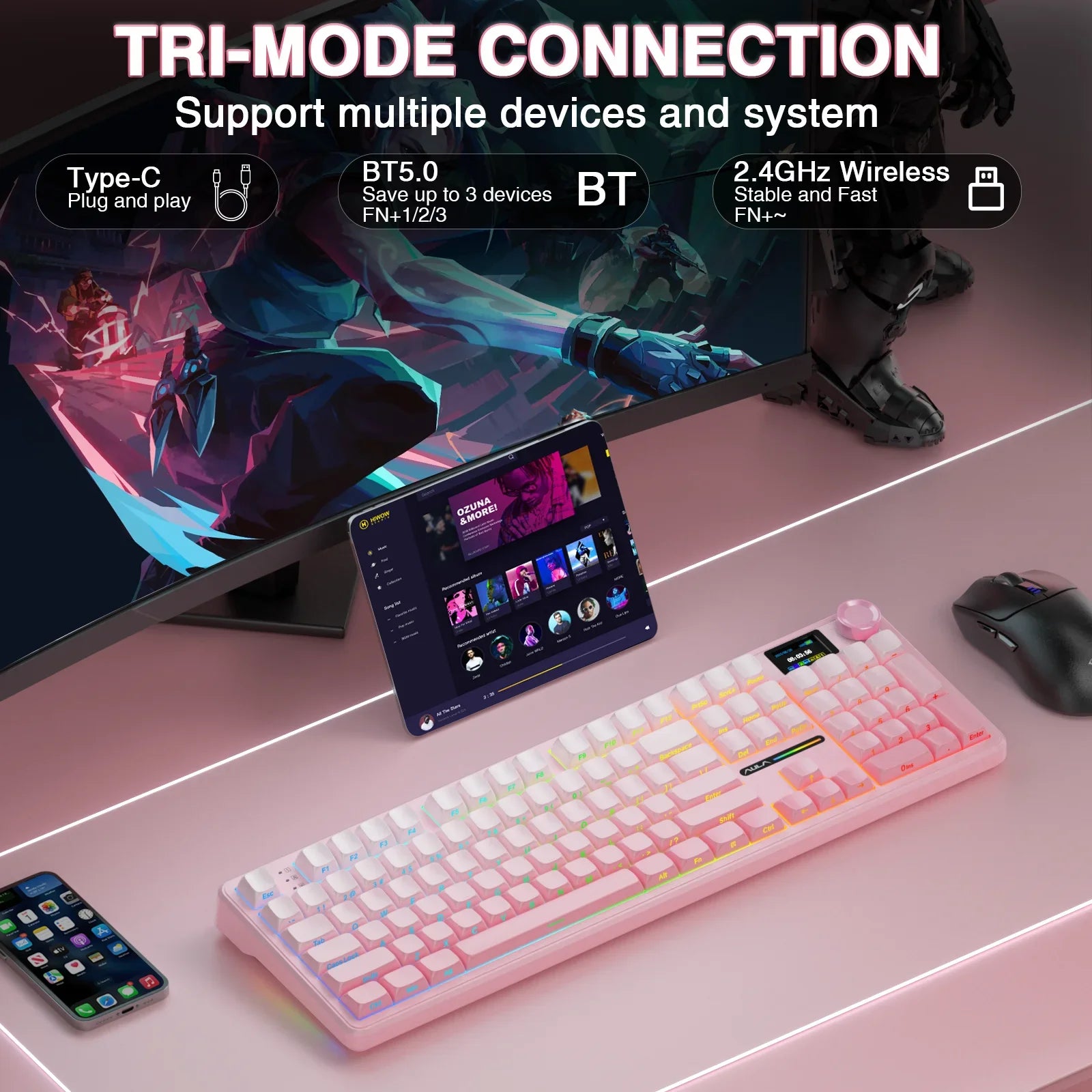 Wireless Bluetooth Mechanical Keyboard 108-Key — Gasket Mount, Hot-Swappable Full-Size with TFT Smart Display, RGB (USB-C, 2.4G, Bluetooth)