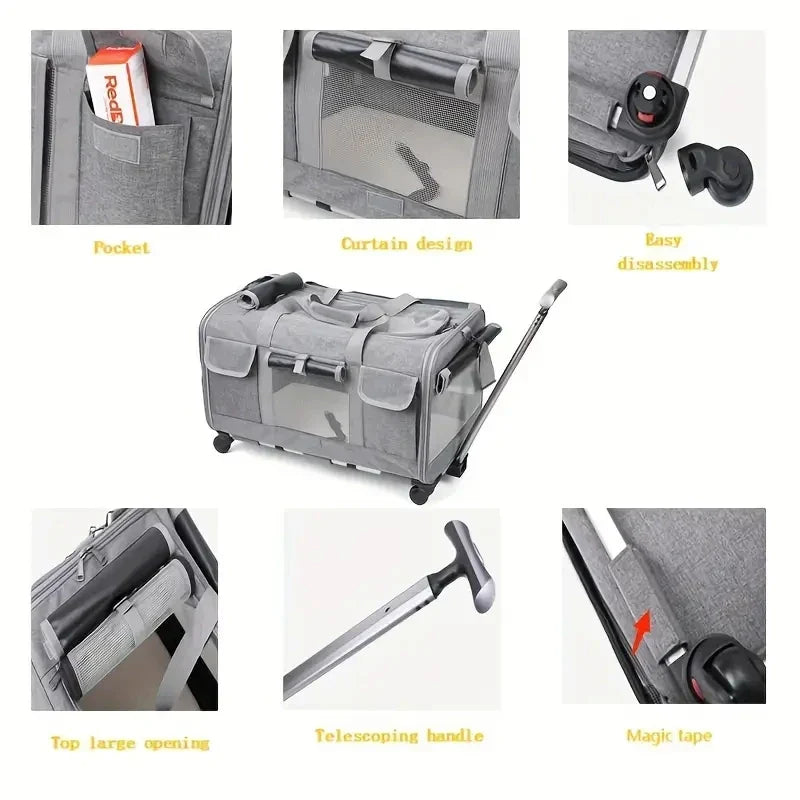 Extra Large Foldable Pet Trolley Carrier - Detachable Dog & Cat Travel Bag, 44 x 60 x 39 cm (17.3 x 23.6 x 15.4 in)
