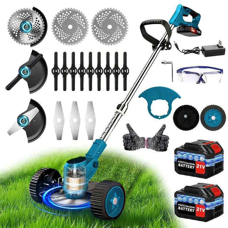 Cordless Electric Riding Lawn Mower and Weed Trimmer for Gardens & Courtyards