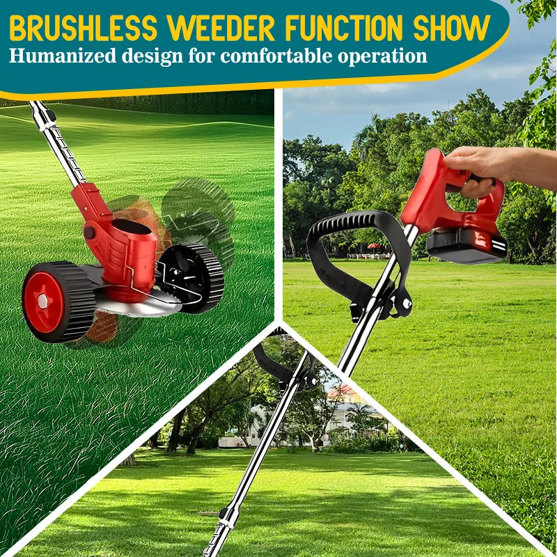 Cordless Electric Riding Lawn Mower and Weed Trimmer for Gardens & Courtyards