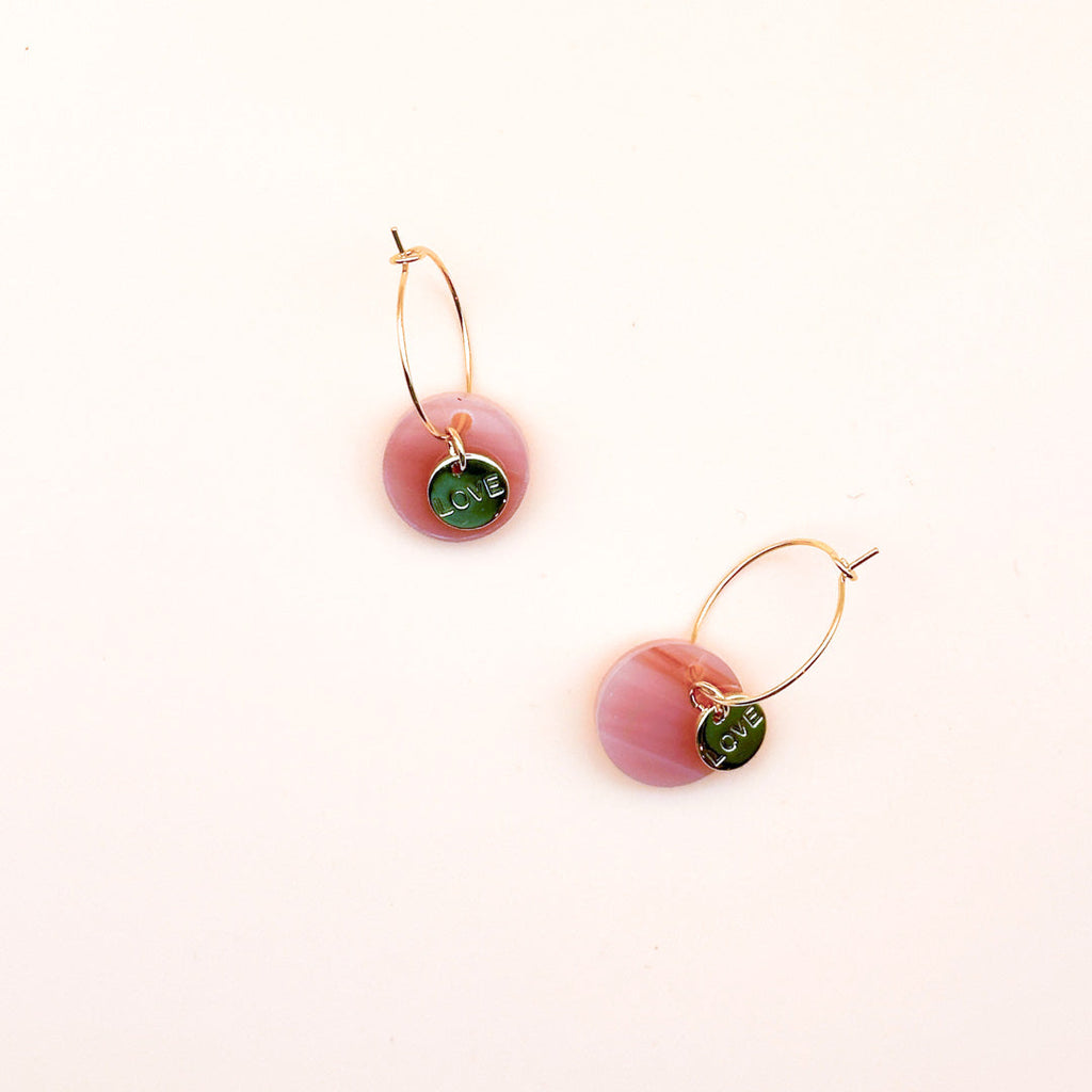 Love Charm Hoop Earrings - Marble Disk & Gold Pendants