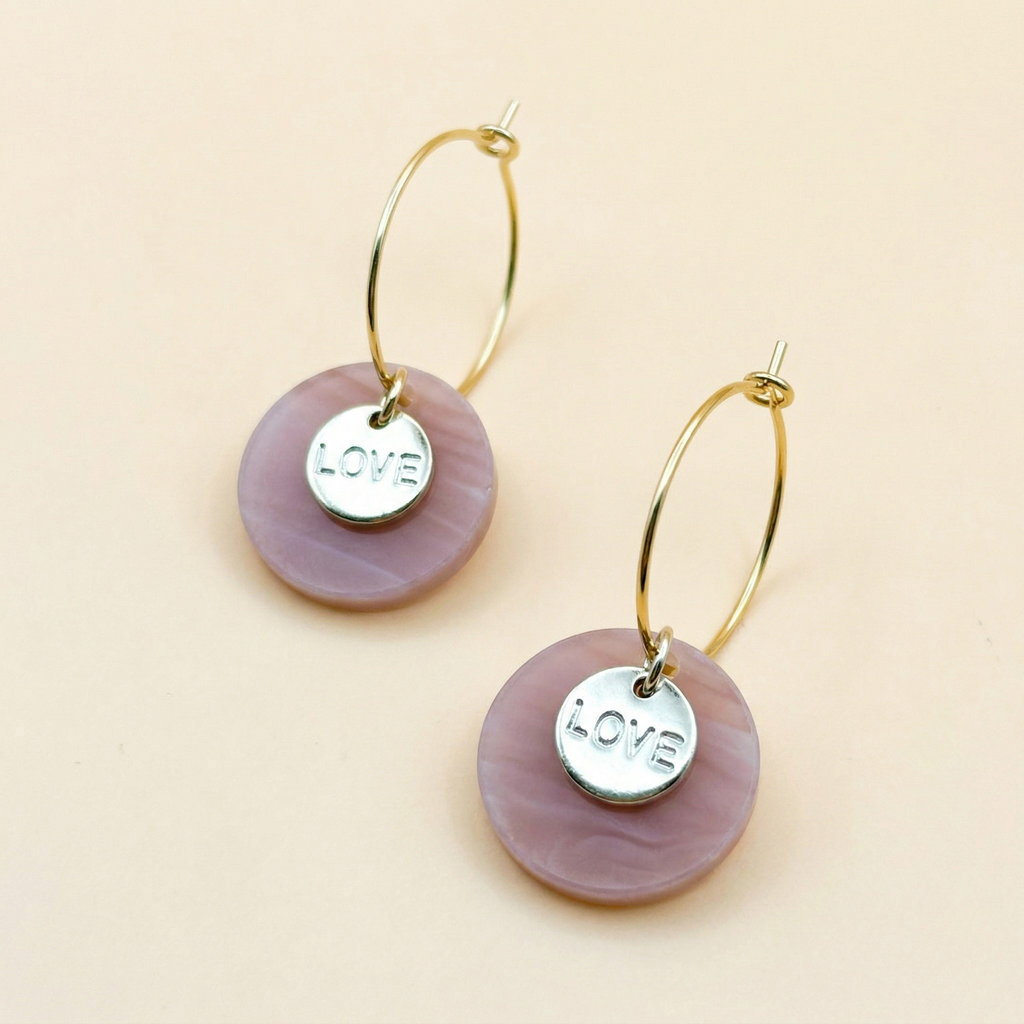 Love Charm Hoop Earrings - Marble Disk & Gold Pendants