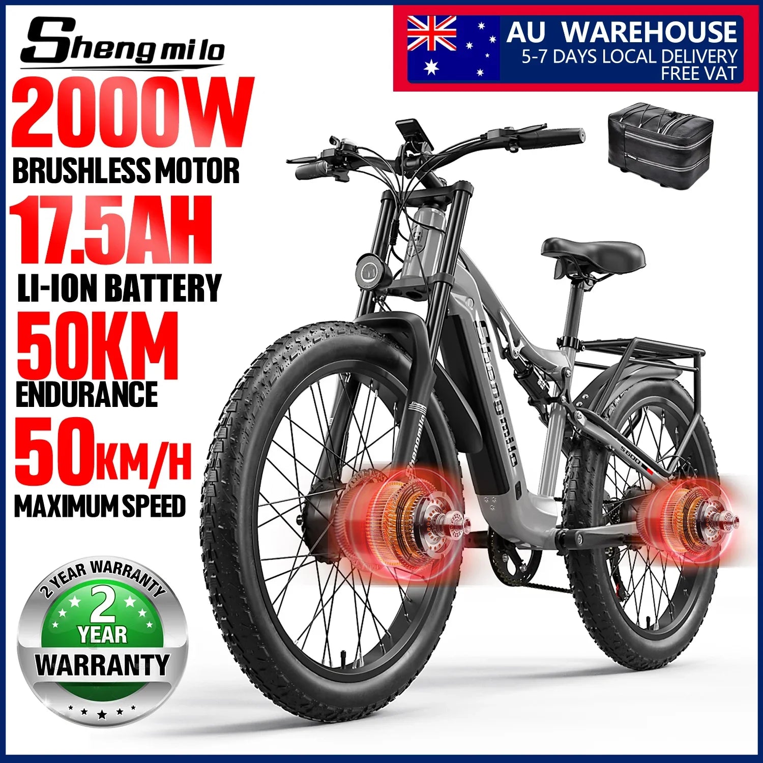 26-Inch 2000W Dual Motor Electric Mountain Bike, 7-Speed Fat Tire E-Bike, 48V 17.5Ah Removable Battery