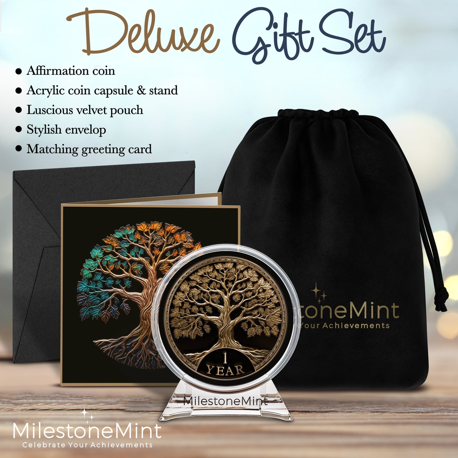 Tree of Life Affirmation Sobriety Coin Gift Set - Antique Gold