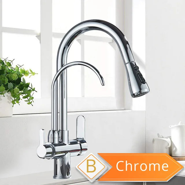 Black 360° Rotating Kitchen Faucet with Pull-Out Sprayer – 3-Way Filtered Hot & Cold Mixer Tap
