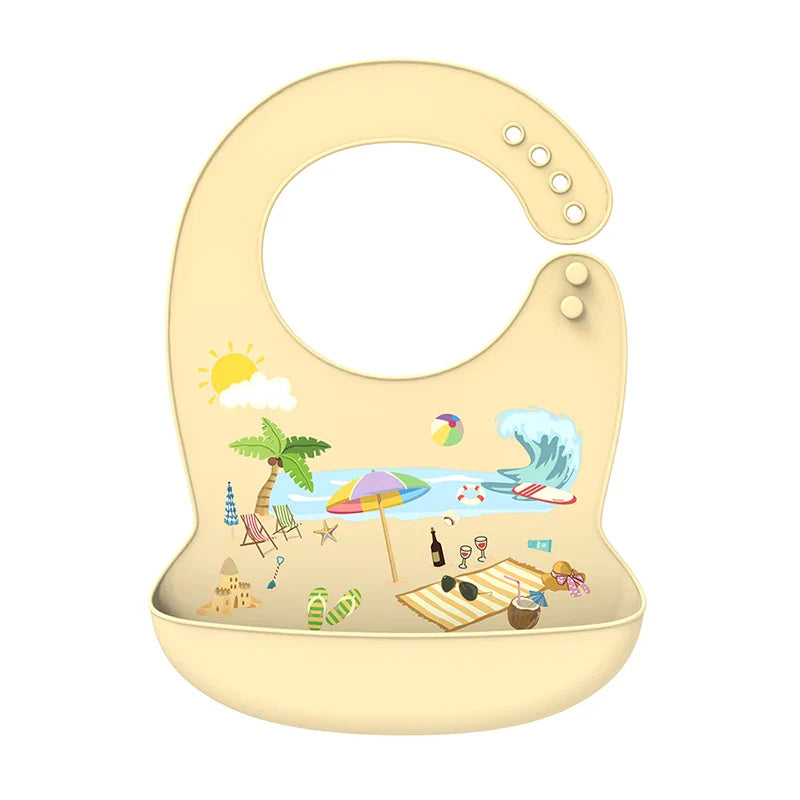Silicone Baby Bib Waterproof Adjustable Cartoon Banana Feeding Bib with Pocket BPA-Free for 1-3 Years