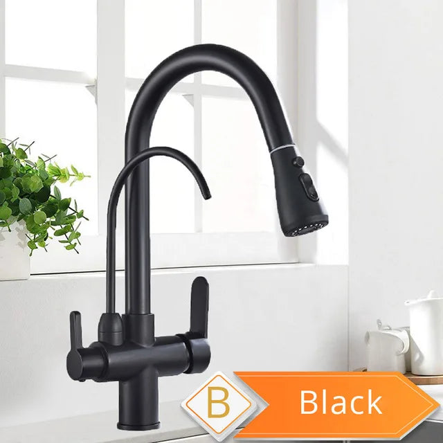 Black 360° Rotating Kitchen Faucet with Pull-Out Sprayer – 3-Way Filtered Hot & Cold Mixer Tap