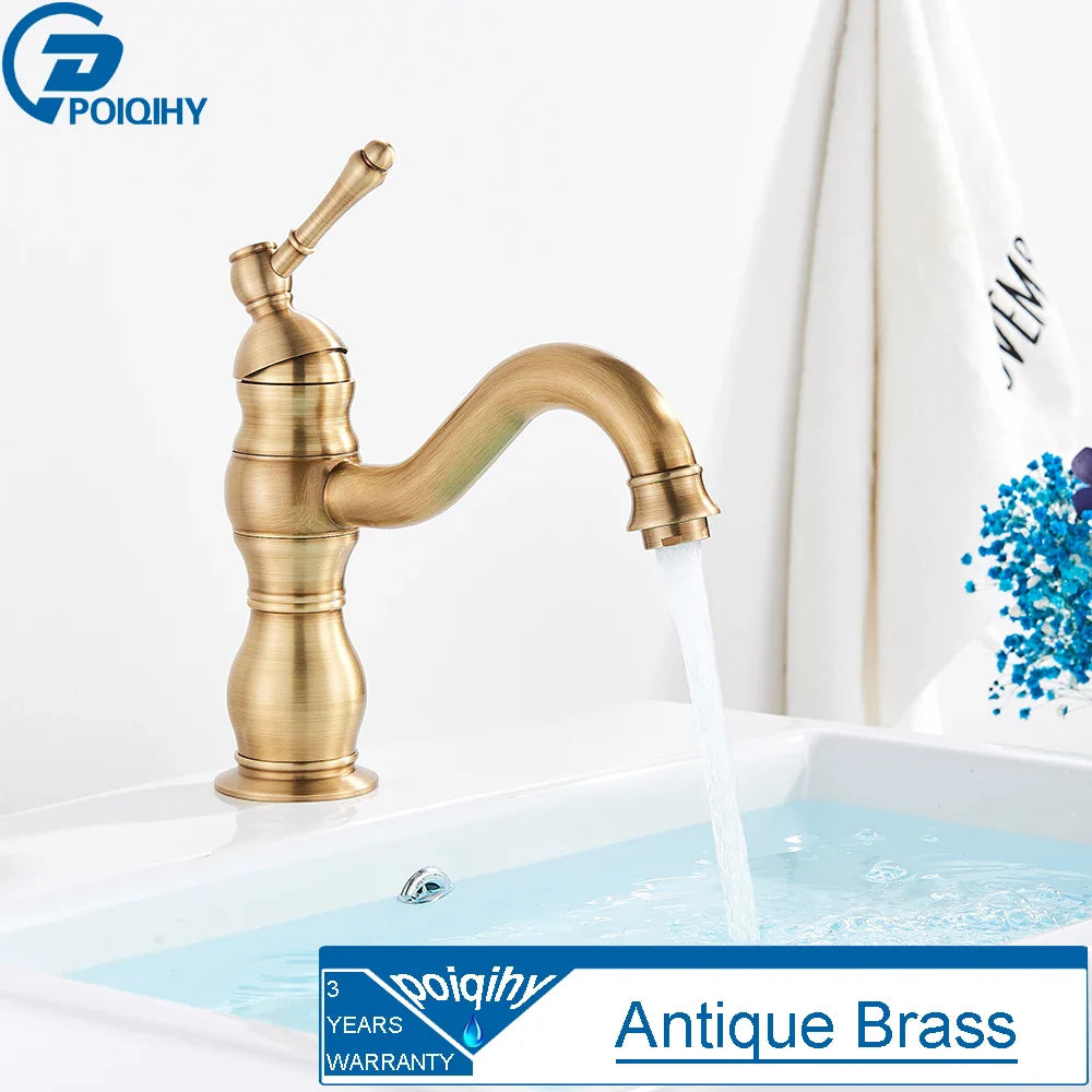 Antique Brass Vessel Sink Faucet Deck-Mounted Single Hole Hot & Cold Mixer Tap for Bathroom