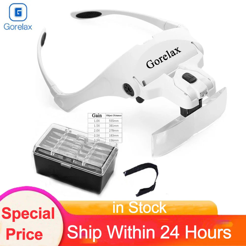 LED Headband Magnifier Glasses with 5 Interchangeable Lenses 1.0X–3.5X – Flip-Up Loupe for Jewelry Repair, Reading & Crafts