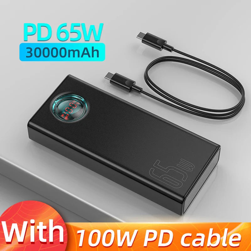 65W 30000mAh USB-C Power Bank PD Quick Charge Portable Charger with Digital Display & Built-in Cables for Smartphone and Laptop