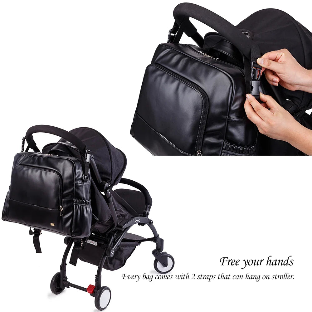 Waterproof Black Leather Diaper Bag Backpack – 24L Large Capacity Nursing Changing Bag with Zipper & Stroller Straps