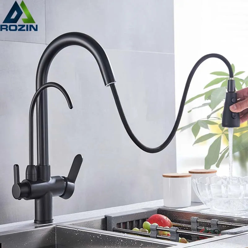 Black 3-Way Filtered Kitchen Faucet 360° Swivel Pull-Out Sprayer Hot & Cold Mixer Tap