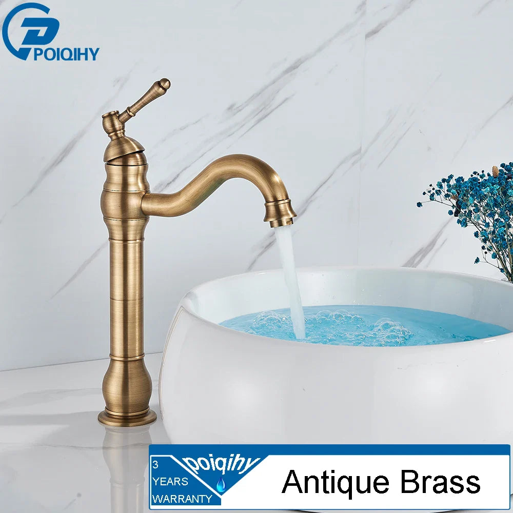 Antique Brass Vessel Sink Faucet Deck-Mounted Single-Hole Bathroom Basin Mixer Tap, Single Handle, Hot & Cold