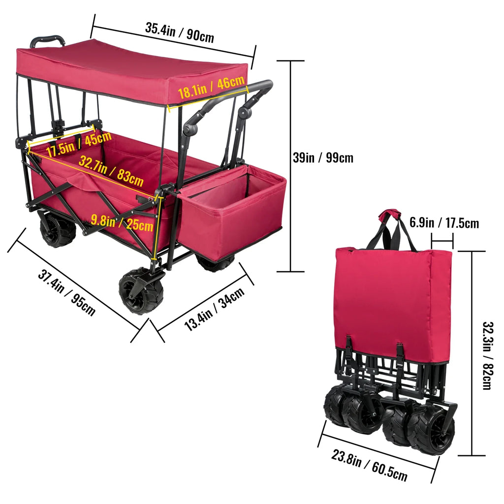 Folding Collapsible Wagon Cart with Adjustable Handle, Removable Canopy — 600D Oxford Utility Beach & Camping Cart