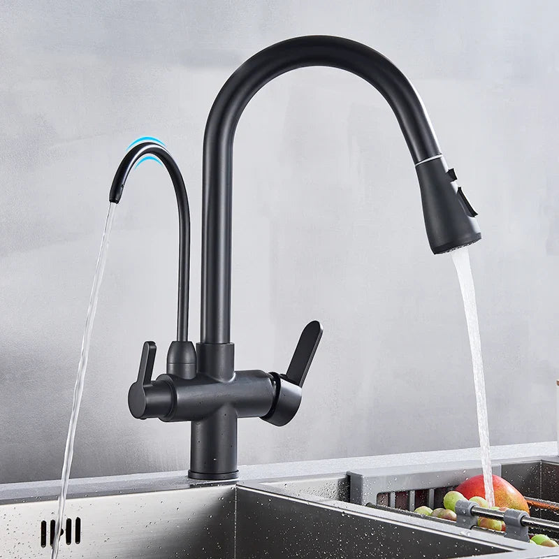 Black 3-Way Filtered Kitchen Faucet 360° Swivel Pull-Out Sprayer Hot & Cold Mixer Tap