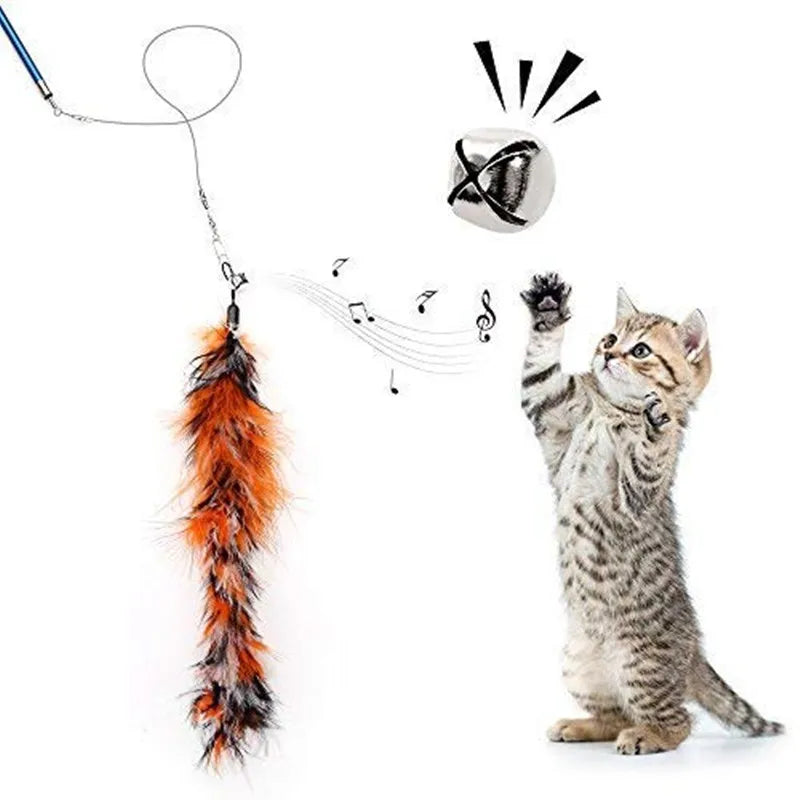 Interactive Cat Feather Teaser Wand - Retractable 15-38 in (37-100 cm) with 5 Refill Heads & Bell