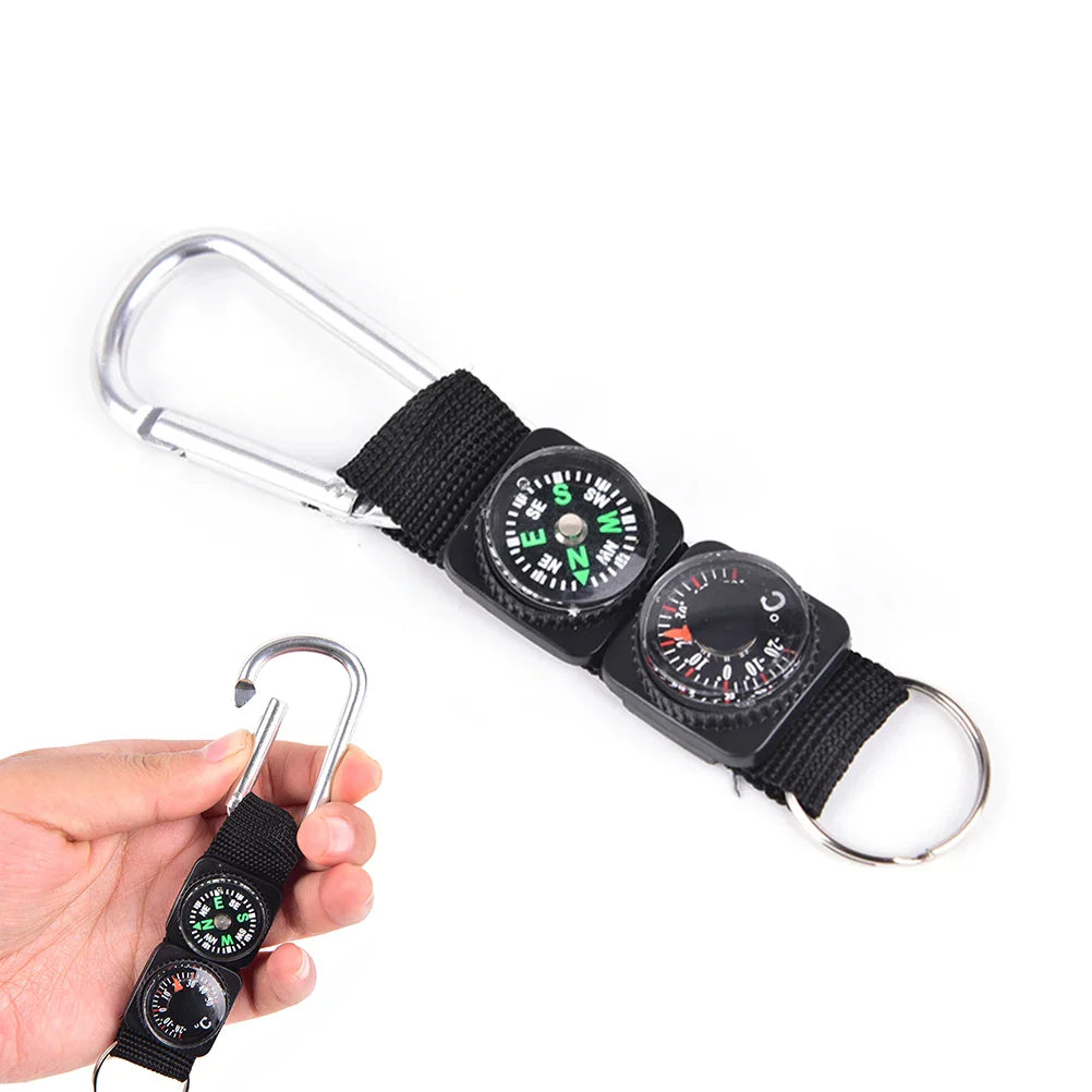 3-in-1 Mini Carabiner Keychain with Compass & Thermometer for Camping, Climbing & Hiking, Black